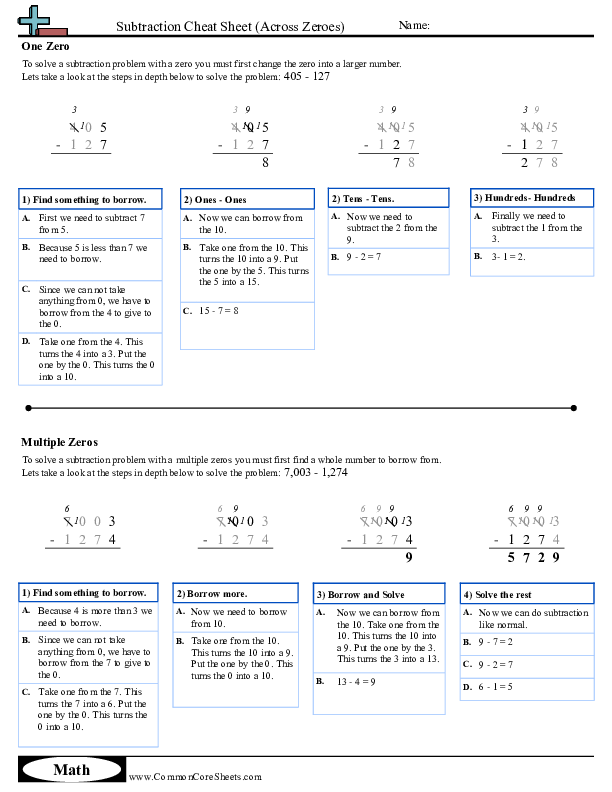 Subtraction Across Zeroes (Traditional) worksheet